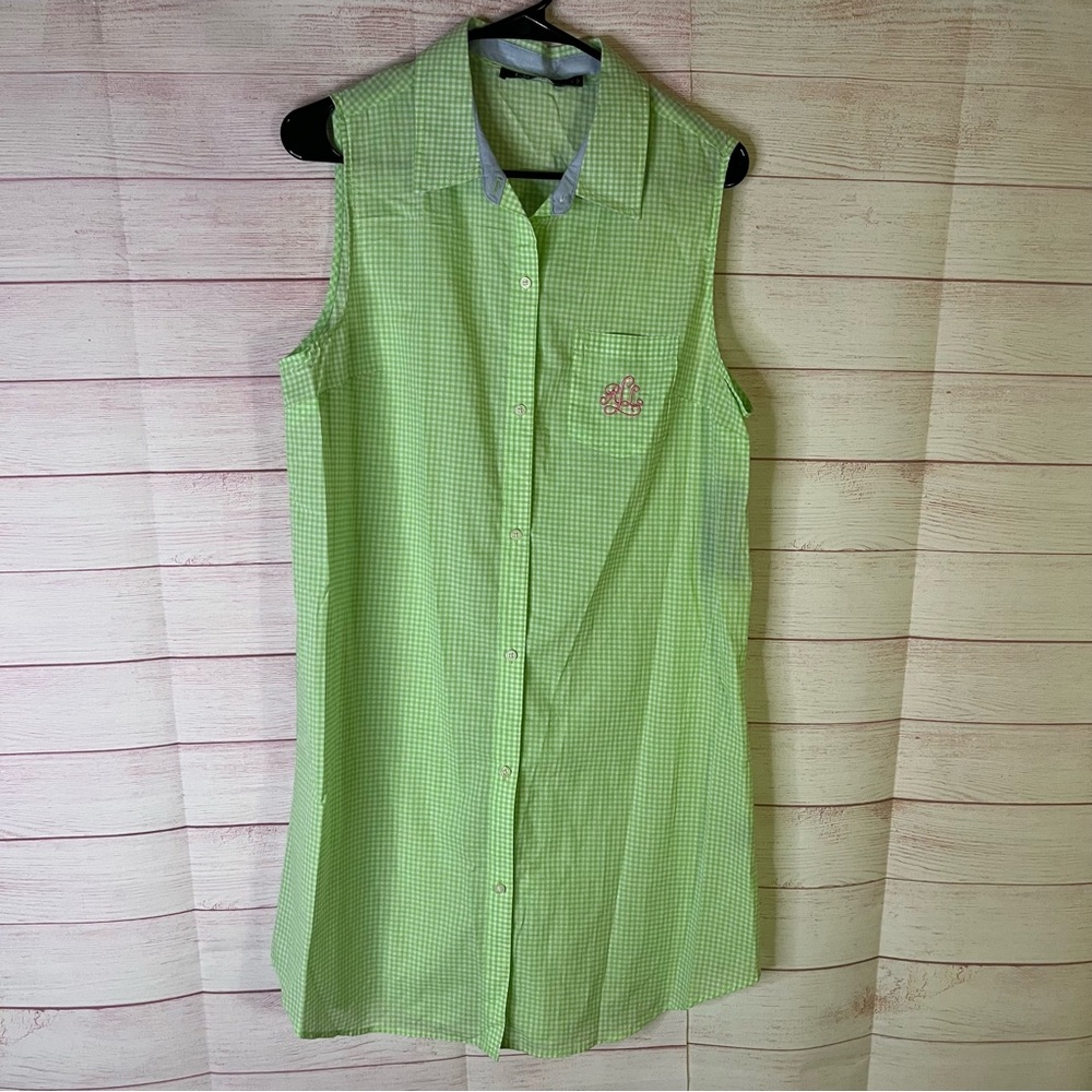 Lauren Ralph Lauren Cotton Gingham Green White Sleeveless Dress Large - Picture 1 of 6